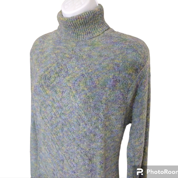 ICON Ombre Blue Green Purple Teal Knit Cable Turtleneck Medium - Picture 2 of 13